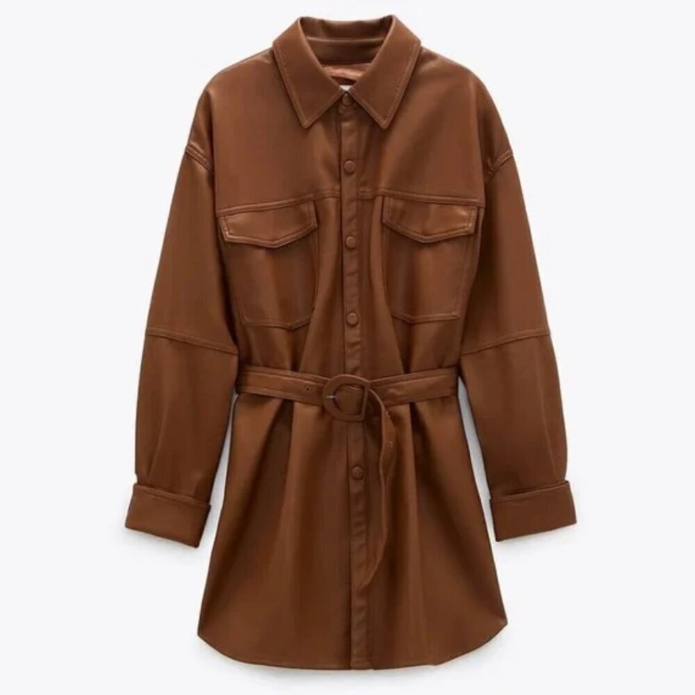 Zara Brown Faux-Leather Belted Button-Down Shirt Dress